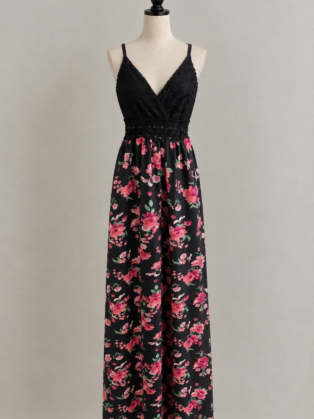 Ardene Black Floral Maxi Dress with Lace Bodice and Pink Print